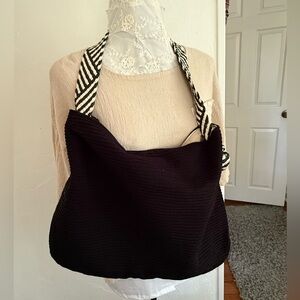 Black Corduroy Shoulder Bag with Woven Strap New